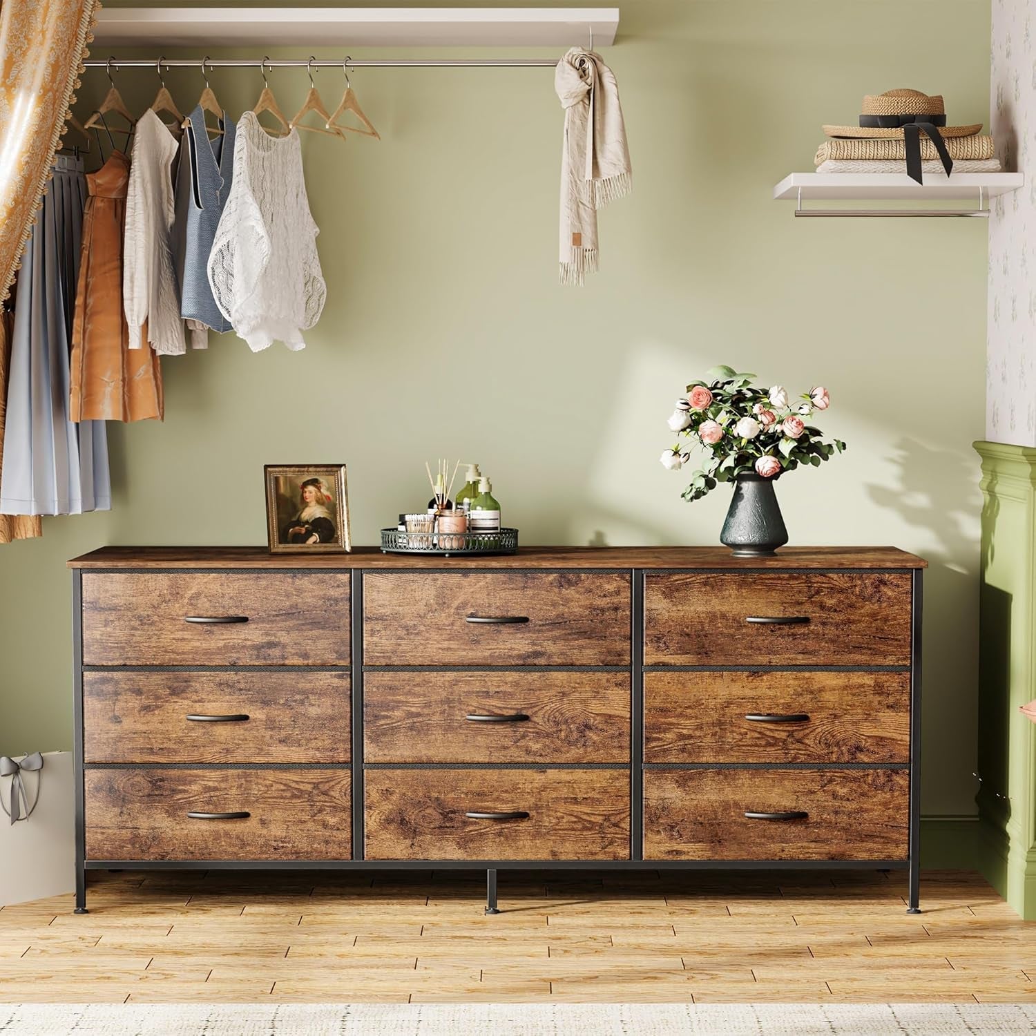 55 Inch Dresser TV Stand With 9 Fabric Drawers Rustic Brown