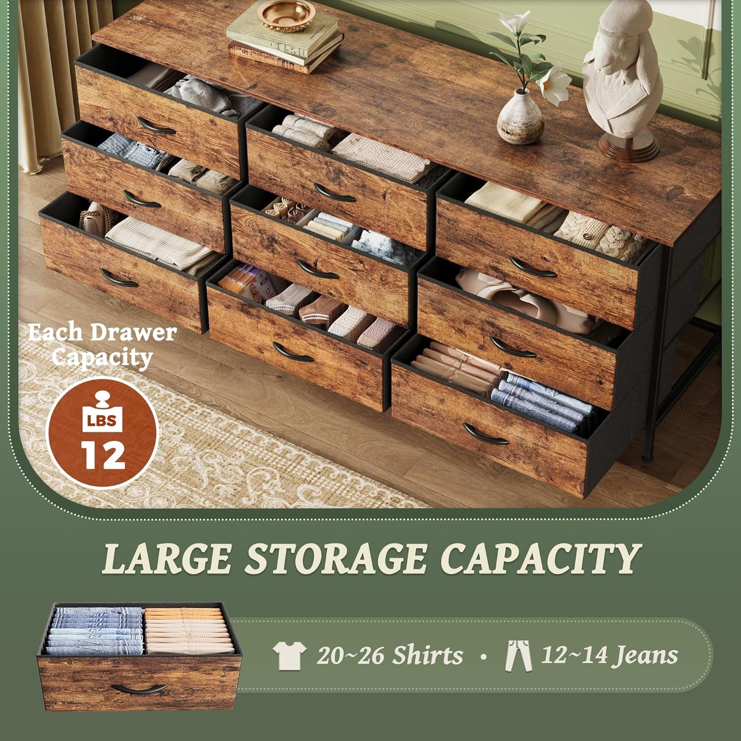 55 Inch Dresser TV Stand With 9 Fabric Drawers Rustic Brown