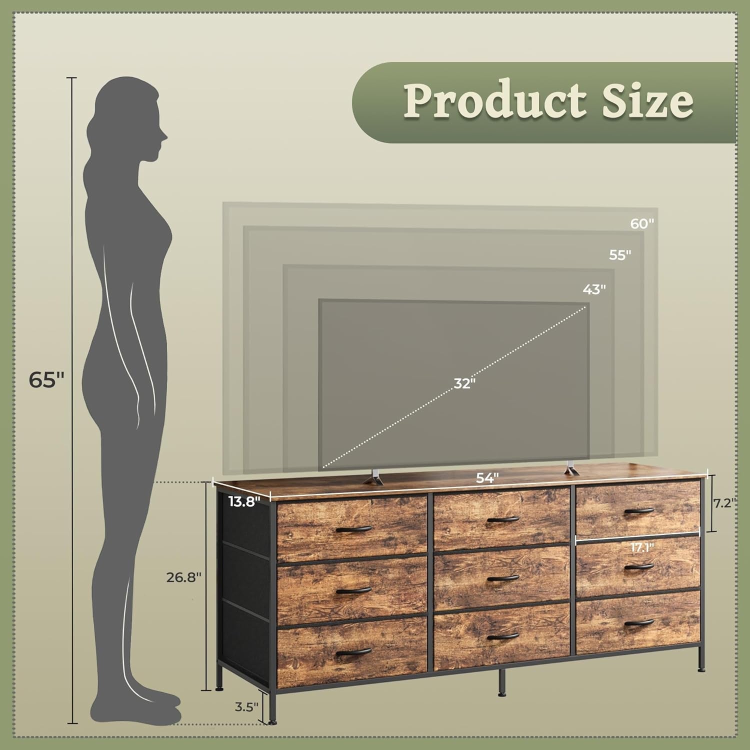 55 Inch Dresser TV Stand With 9 Fabric Drawers Rustic Brown