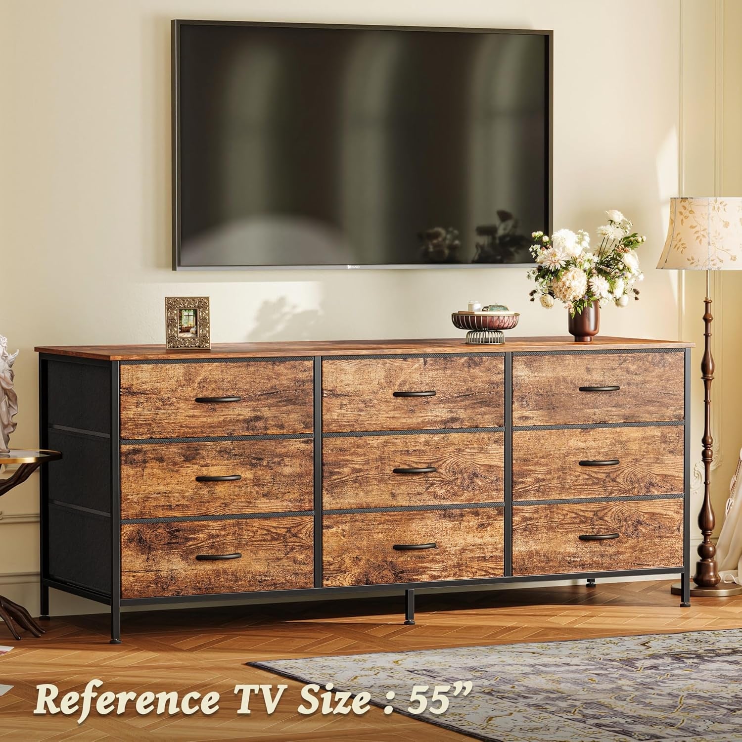 55 Inch Dresser TV Stand With 9 Fabric Drawers Rustic Brown