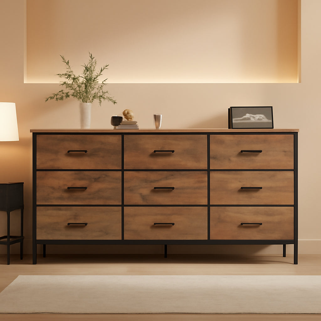 55 Inch Dresser TV Stand With 9 Fabric Drawers Rustic Brown